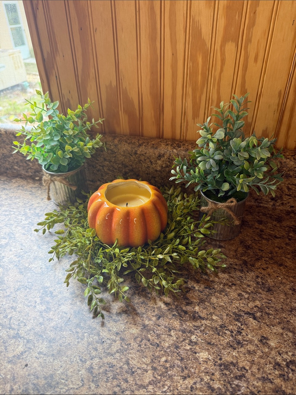 Faux Boxwood Wreath with Orange Pumpkin Candle Accent